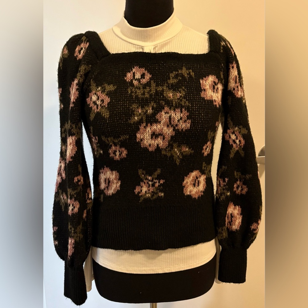 Anthropologie Black and Pink Floral Sweater